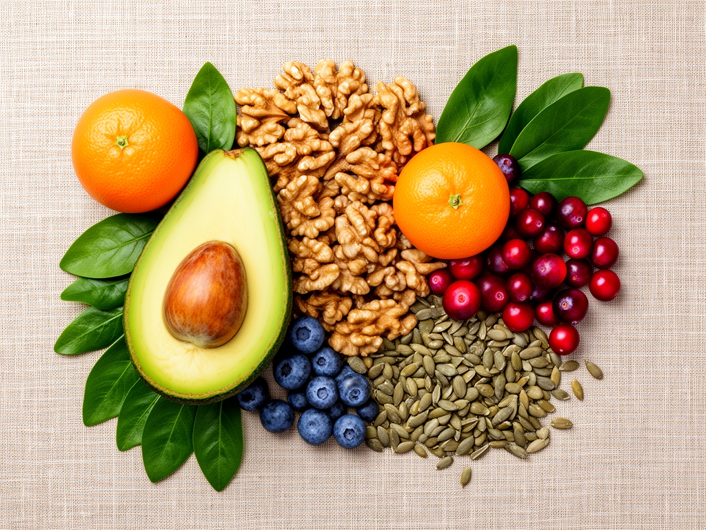 Selección artística de alimentos naturales ricos en micronutrientes sobre fondo de lino beige: aguacate partido, nueces, arándanos, hojas verdes, naranjas y semillas de girasol con composición geométrica elegante