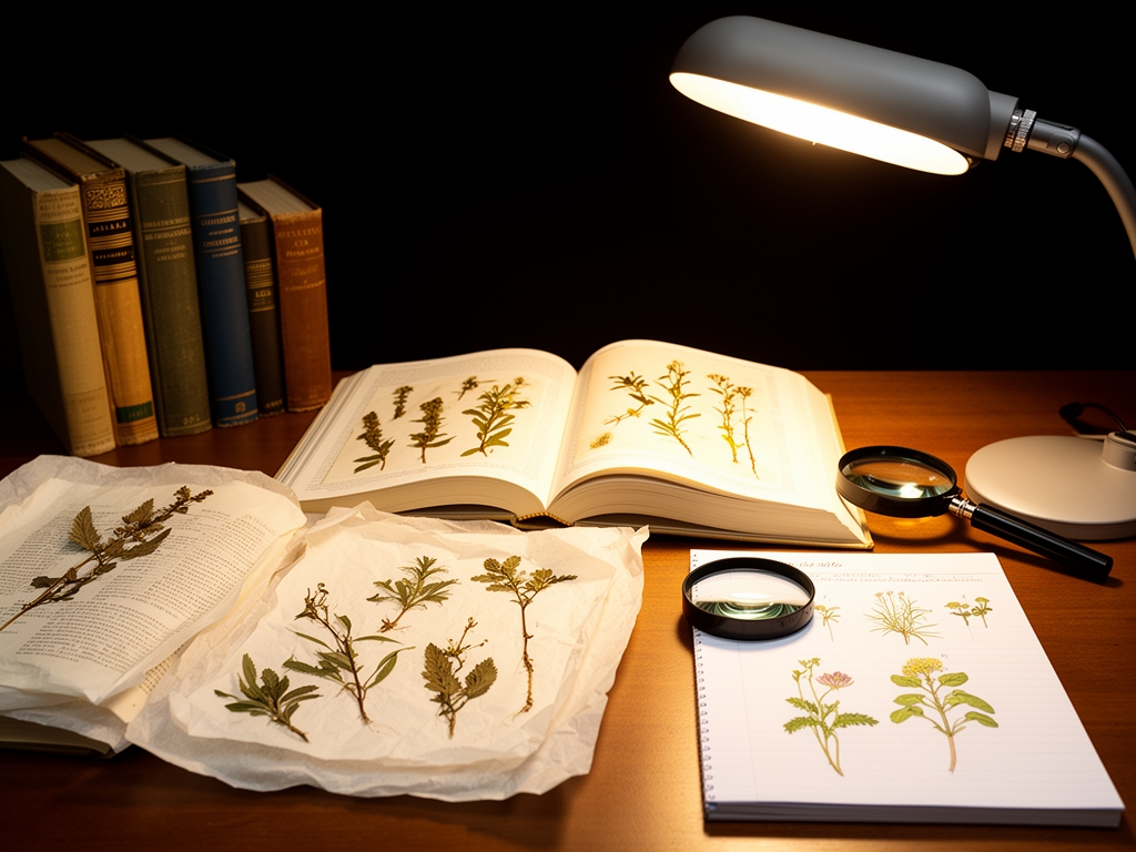 Mesa de trabajo de investigadora con libros de botánica abiertos, muestras de plantas secas prensadas entre hojas de papel, lupa y cuaderno de notas con ilustraciones botánicas, luz de escritorio cálida sobre fondo oscuro