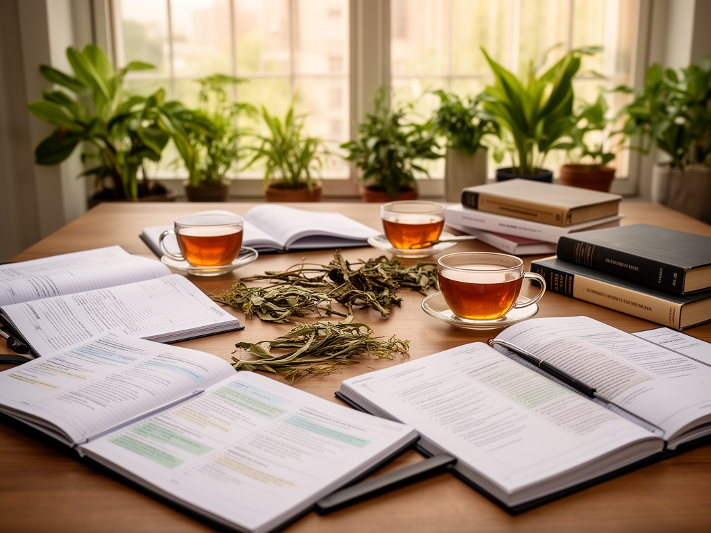 Mesa de trabajo colaborativo con varios cuadernos de investigación abiertos, muestras de plantas secas, libros de referencia y tazas de té, iluminación suave de tarde con ventanas grandes y plantas decorativas al fondo
